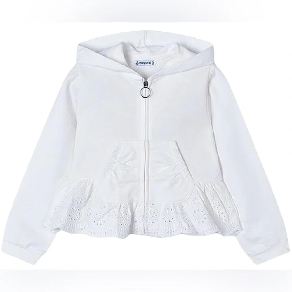 Mayoral Girls White Zip Up Hoodie Eyelet Peplum Hem Size 8